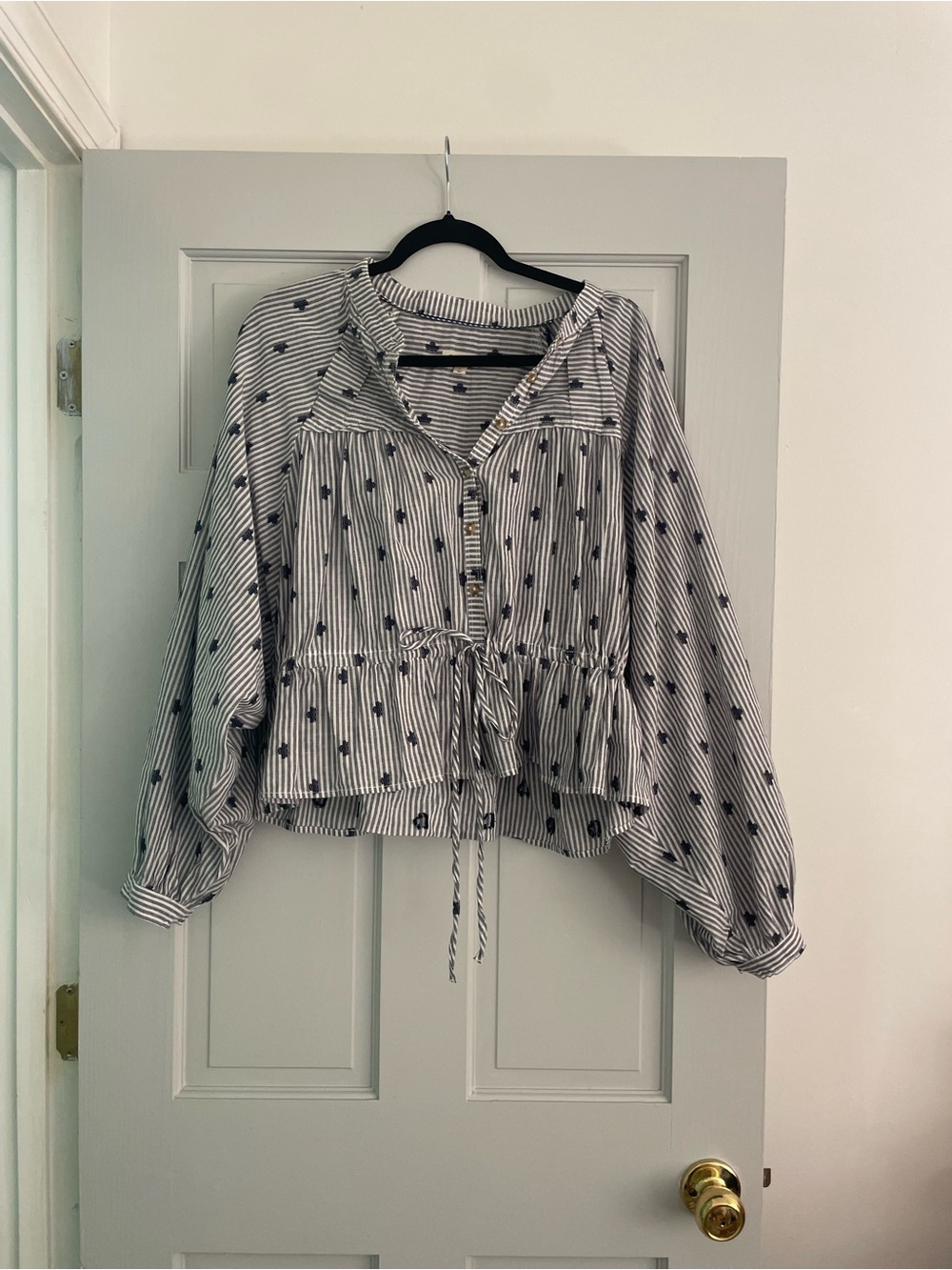 Pilcro Navy and White Striped Peplum Button-Front Blouse